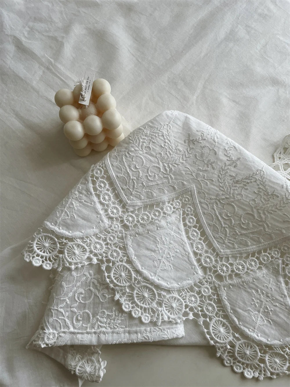 Luxury French Floral Embroidered White Cotton Tablecloth – Handmade Lace Rectangular Cover for Weddings & Dining |
