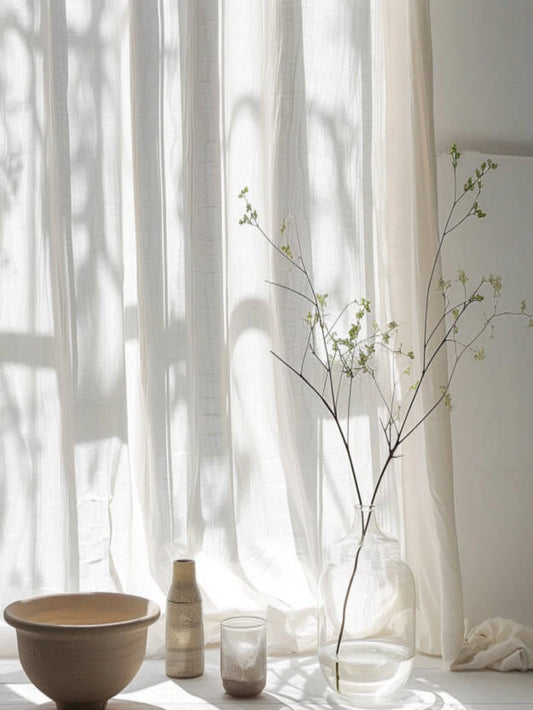 Korean Style Warm White Sheer Linen Curtains | Solid Cotton Blend Drapes for Living Room & Eid Decor | CD1019