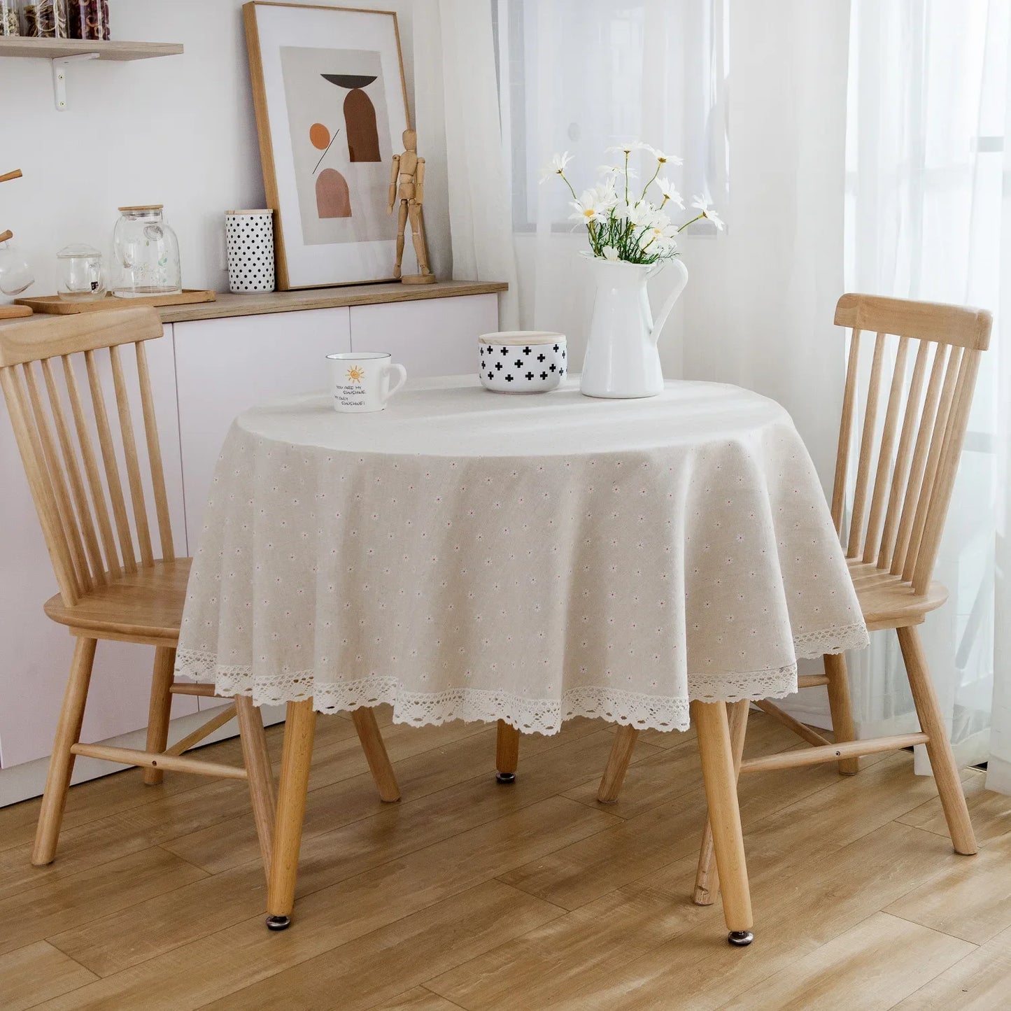 Vintage Floral Cotton Linen Round Tablecloth with Tassels – Washable Rustic Farmhouse Table Cover | CT1002