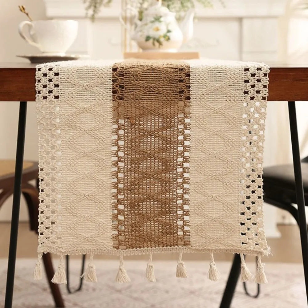 Rustic Knitted Hollow-Out Table Runner with Tassels | CT1007