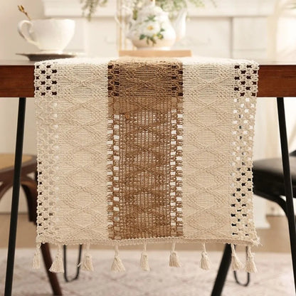Rustic Knitted Hollow-Out Table Runner with Tassels | CT1007
