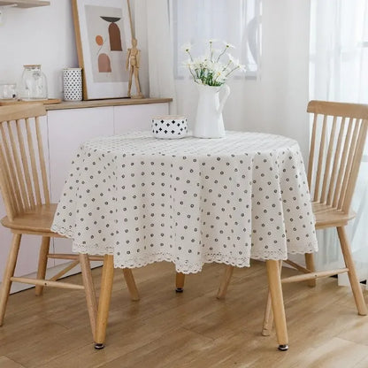 Vintage Floral Cotton Linen Round Tablecloth with Tassels – Washable Rustic Farmhouse Table Cover | CT1002