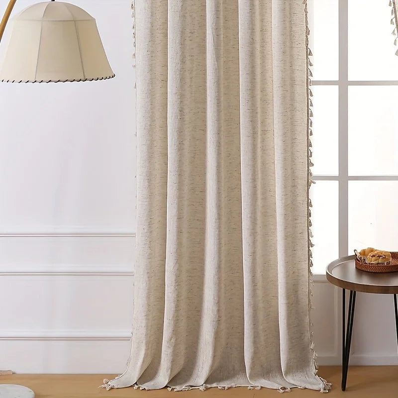 Classic Linen-Blend Rod Pocket Curtain Panels with Tassel Fringe Trim, CD1012