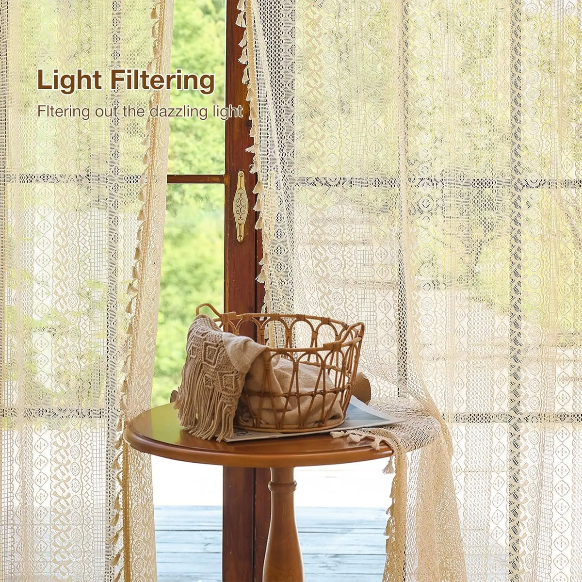 Boho Curtain Crochet Lace Semi-Sheer Hollow Out Knitted Tassels Curtain | CD1033