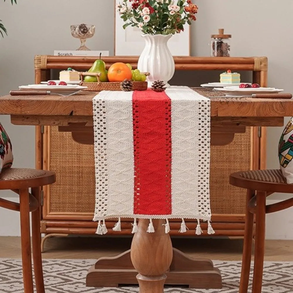 Rustic Knitted Hollow-Out Table Runner with Tassels | CT1007