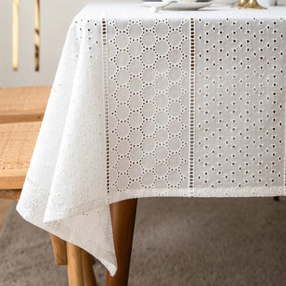 Luxury French Floral Embroidered White Cotton Tablecloth – Handmade Lace Rectangular Cover for Weddings & Dining |
