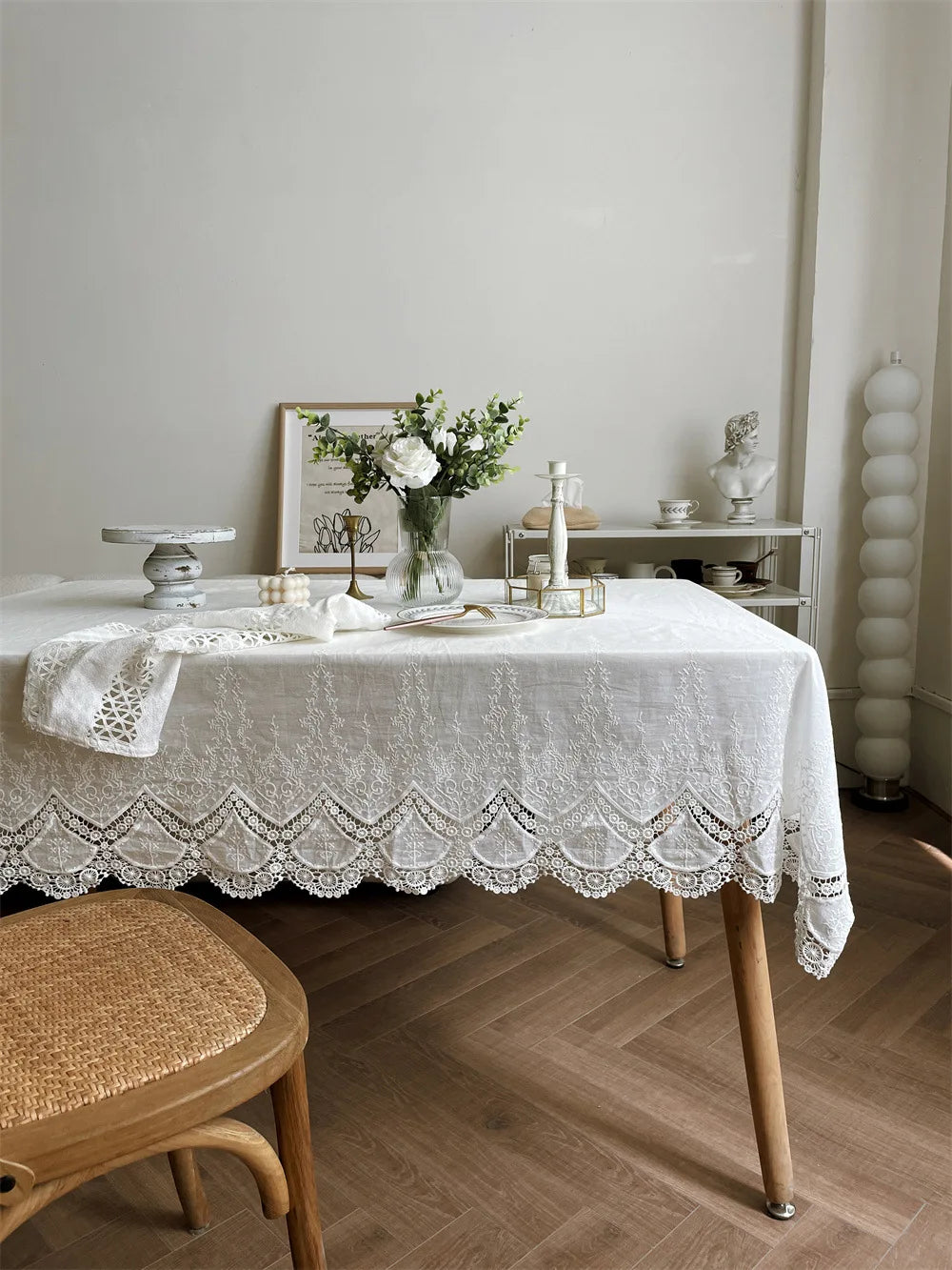 Luxury French Floral Embroidered White Cotton Tablecloth – Handmade Lace Rectangular Cover for Weddings & Dining |