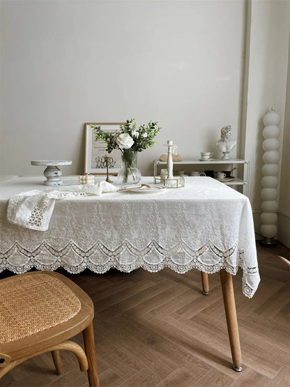 Luxury French Floral Embroidered White Cotton Tablecloth – Handmade Lace Rectangular Cover for Weddings & Dining |