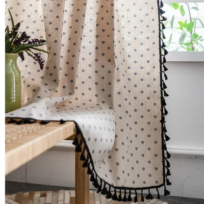 Vintage Farmhouse Bohemian Semi-Sheer Curtain Panel – Linen-Textured with Hollow Crochet & Fringe Tassels | CD1025