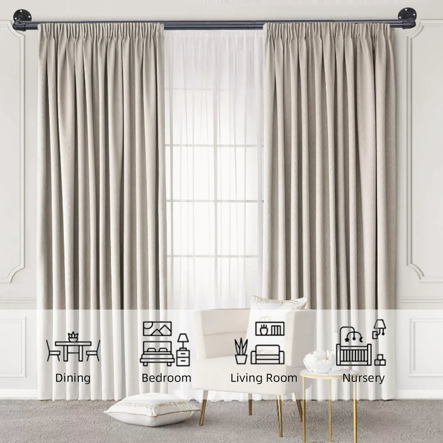 Heavy Duty 1-Inch Industrial Black Double Curtain Rod Set for Windows, Adjustable Telescoping Pipe rod | CH1014