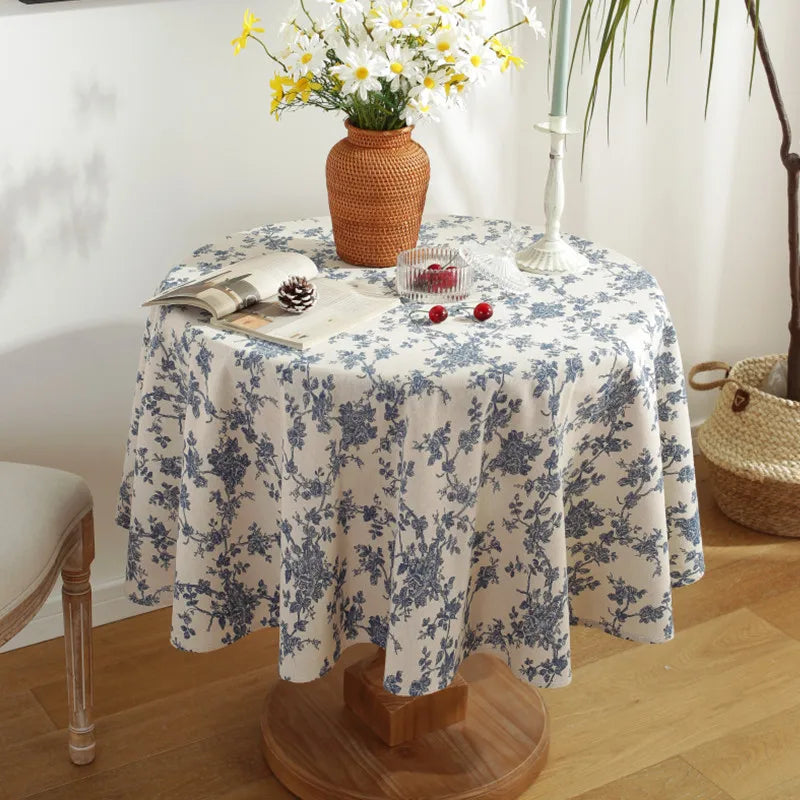 Vintage Floral Cotton Linen Round Tablecloth with Tassels – Washable Rustic Farmhouse Table Cover | CT1002