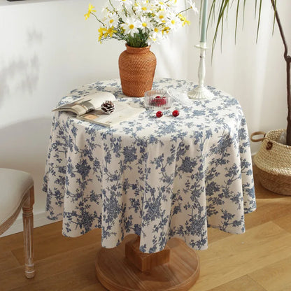 Vintage Floral Cotton Linen Round Tablecloth with Tassels – Washable Rustic Farmhouse Table Cover | CT1002