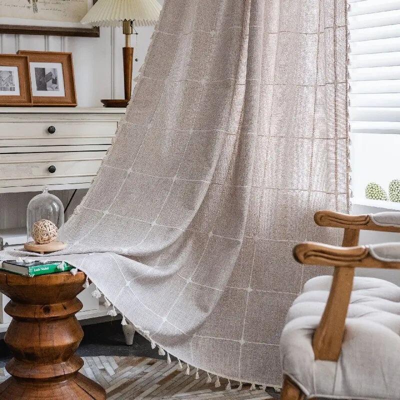 Cream Boho Tassel Window Curtain | 1-Panel Linen-Look Hollow Crochet Drape for Modern Farmhouse & Japandi Living Spaces | CD1021