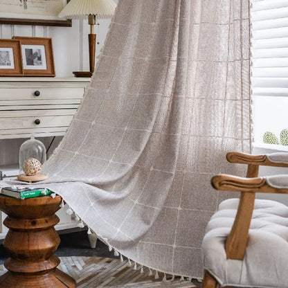 Cream Boho Tassel Window Curtain | 1-Panel Linen-Look Hollow Crochet Drape for Modern Farmhouse & Japandi Living Spaces | CD1021