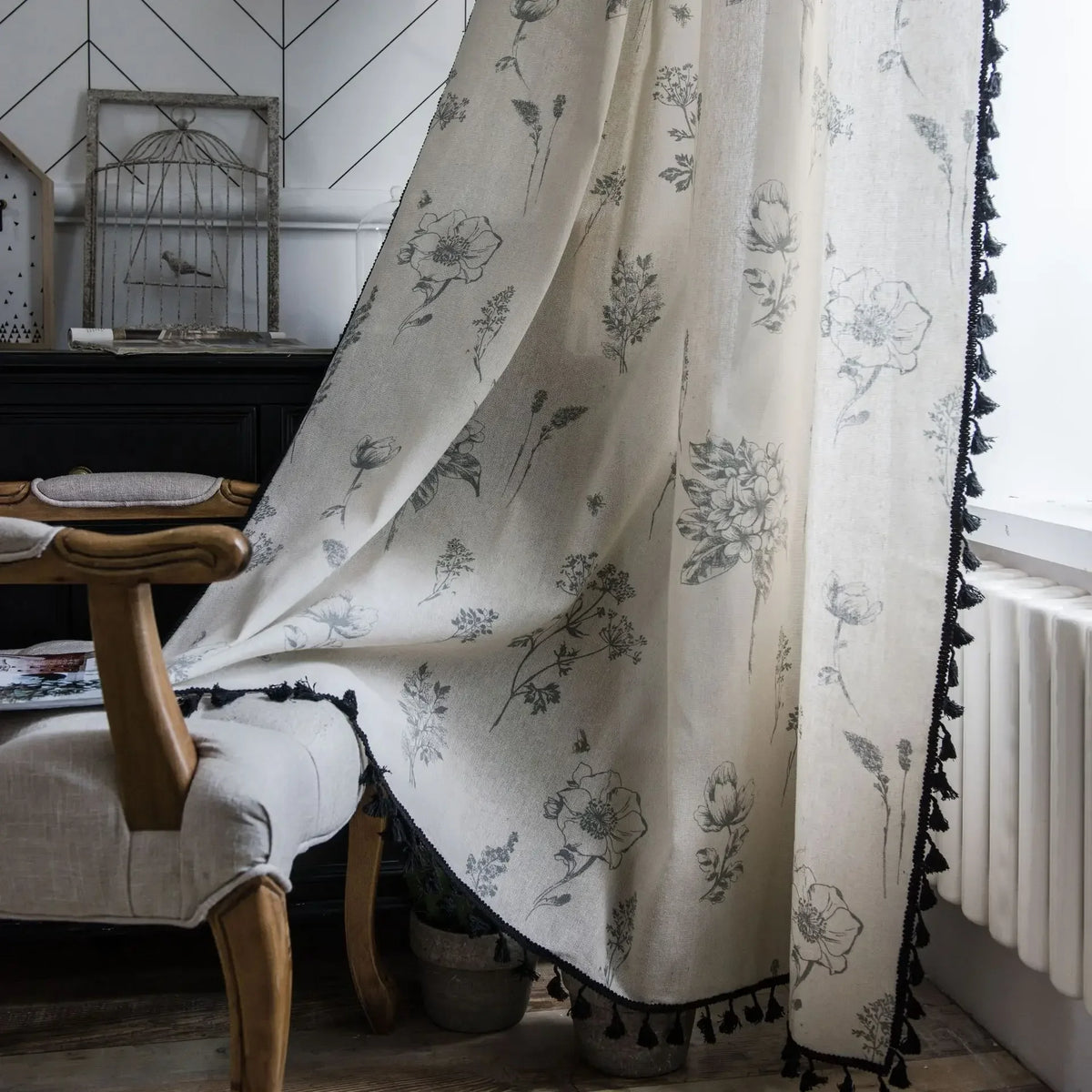 Vintage Farmhouse Bohemian Semi-Sheer Curtain Panel – Linen-Textured with Hollow Crochet & Fringe Tassels | CD1025