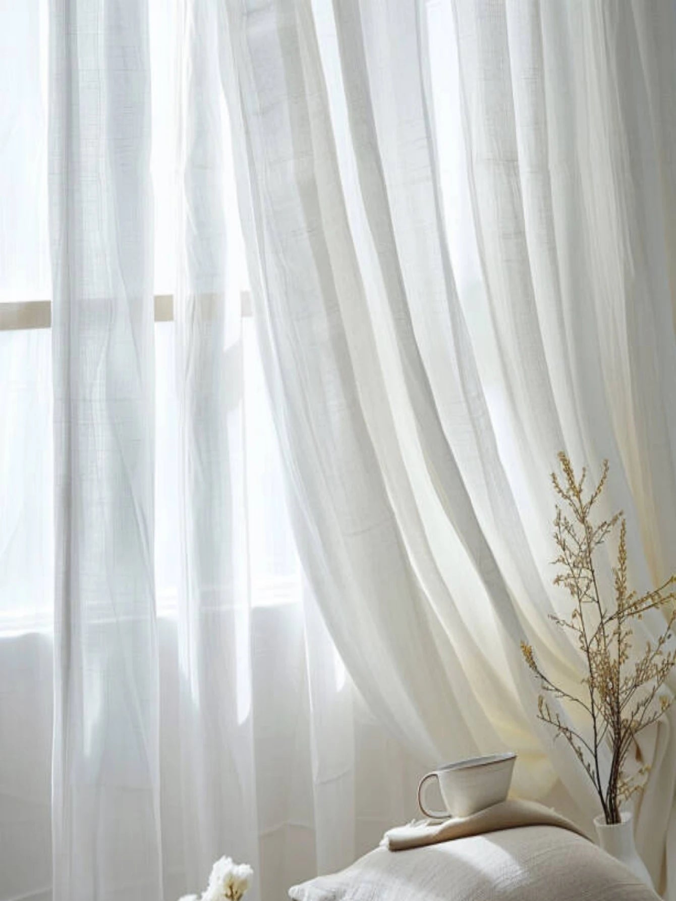 Korean Style Warm White Sheer Linen Curtains | Solid Cotton Blend Drapes for Living Room & Eid Decor | CD1017