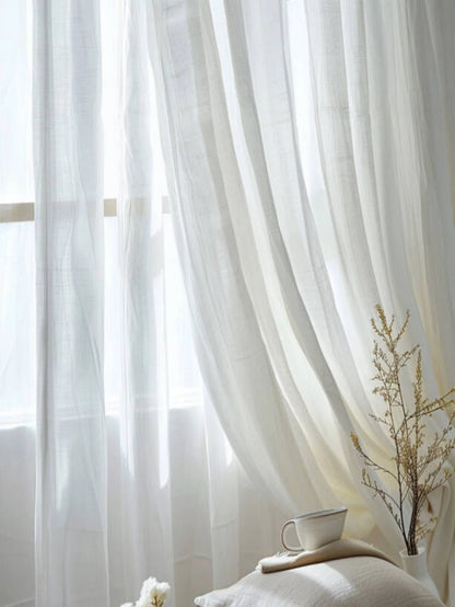 Korean Style Warm White Sheer Linen Curtains | Solid Cotton Blend Drapes for Living Room & Eid Decor | CD1017