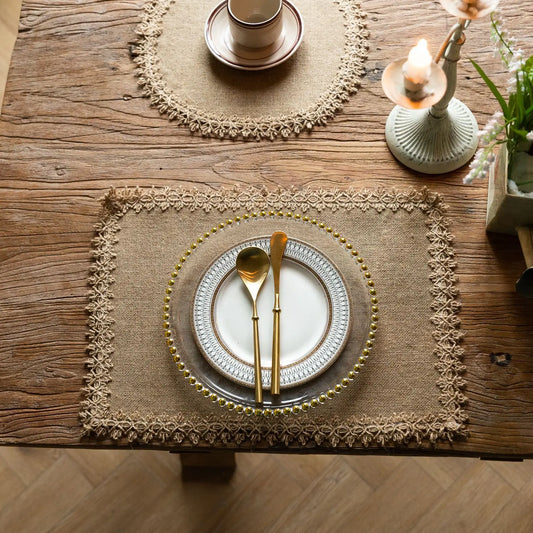 4-Piece Modern Farmhouse Burlap & Lace Placemats | Vintage Jute-Style Table Mats for Dining, Weddings & Holiday Decor