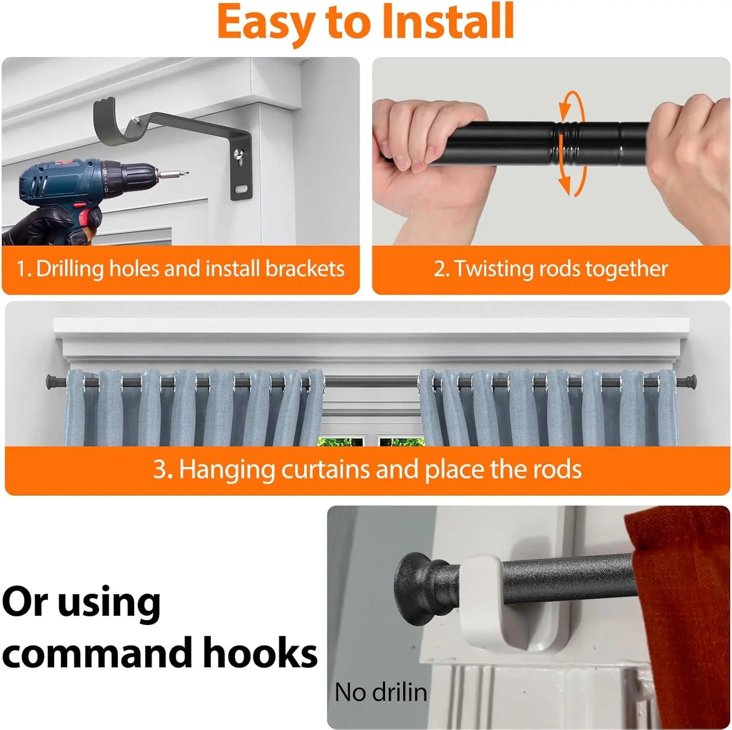 5/8" Adjustable Black Curtain Rod with Brackets (17" - 154") | CH1010