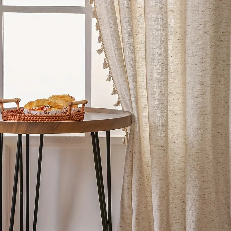 Classic Linen-Blend Rod Pocket Curtain Panels with Tassel Fringe Trim, CD1012