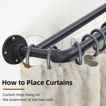 Heavy Duty 1-Inch Industrial Black Double Curtain Rod Set for Windows, Adjustable Telescoping Pipe rod | CH1014