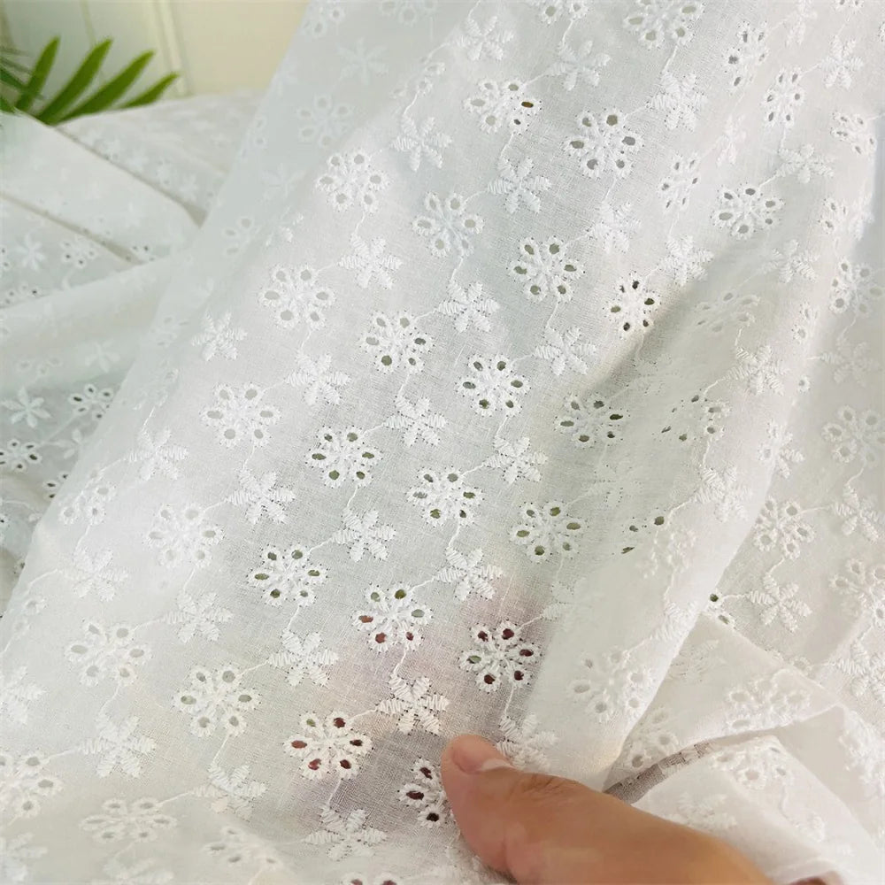 Premium White Floral Embroidery Cotton Fabric, CL1010