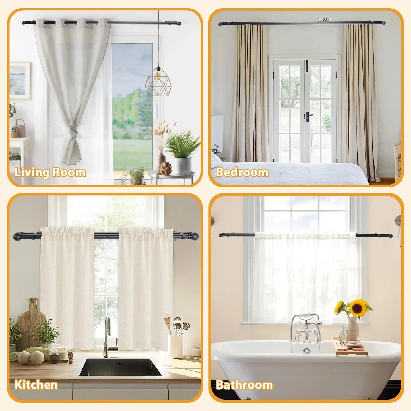 5/8" Black Double Curtain Rod Set – Adjustable Metal Drapery Poles with Brackets for Layered Windows | CH1013