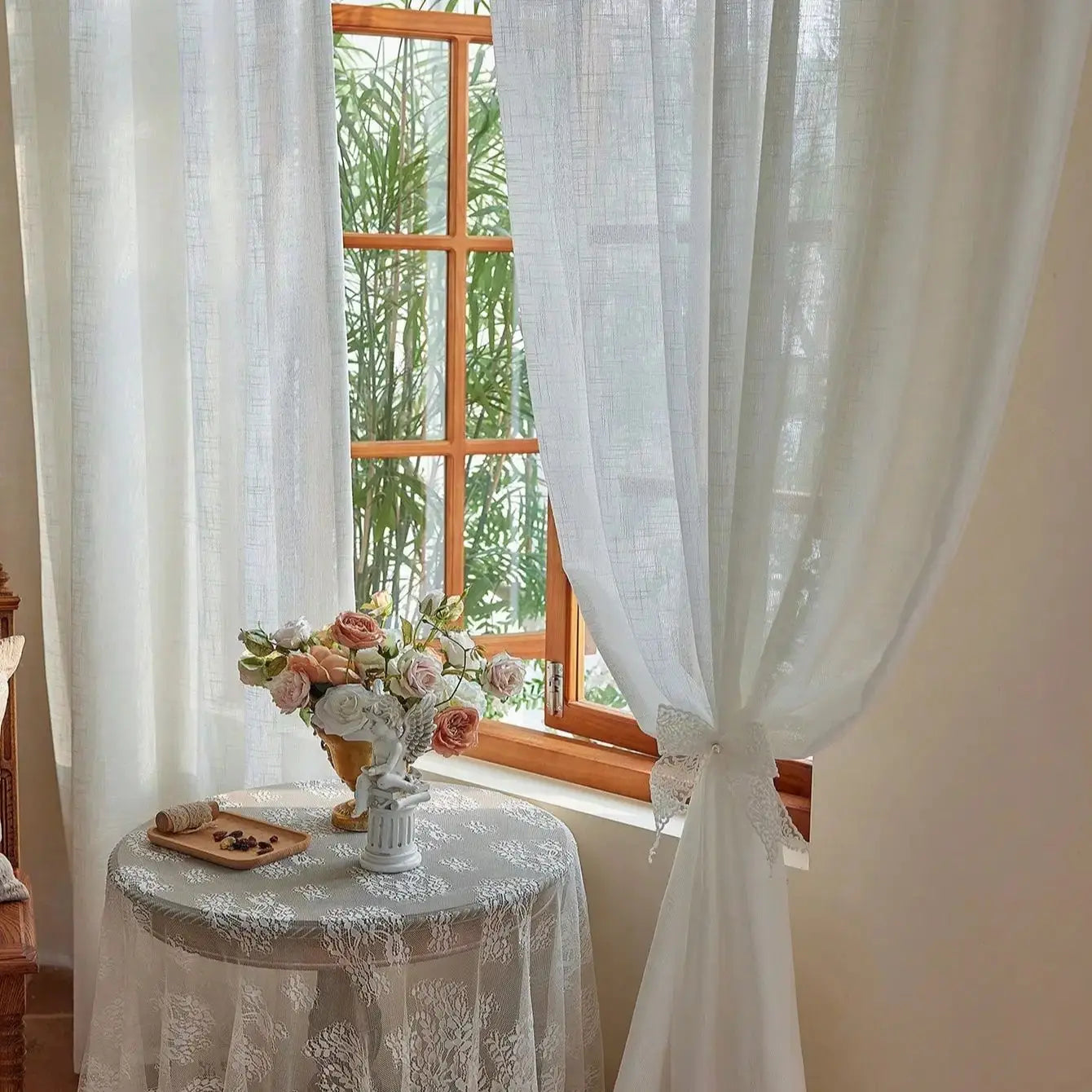 American Pastoral Tie-Top Sheer Curtains – Natural Linen-Textured Translucent Drapes | CD1018