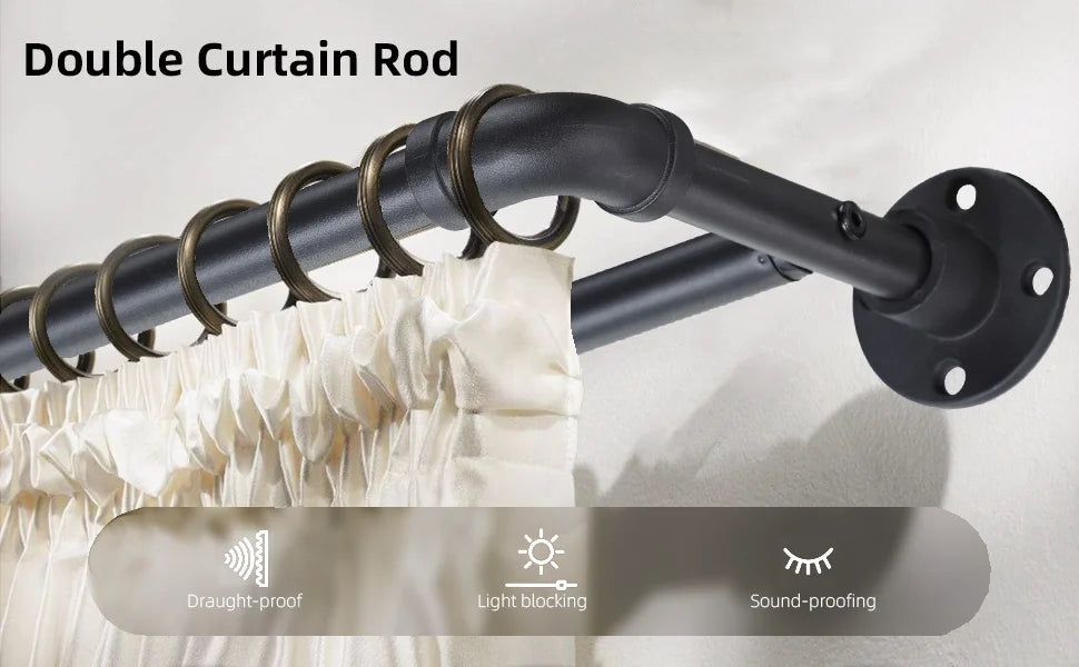 Heavy Duty 1-Inch Industrial Black Double Curtain Rod Set for Windows, Adjustable Telescoping Pipe rod | CH1014