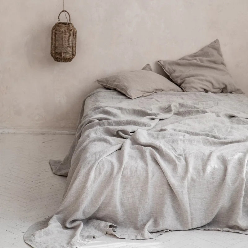 3-Piece 100% Washed Linen Sheet Set | Stone-Washed Pure Flax Flat Sheet & Pillowcases for Modern Farmhouse Bedding