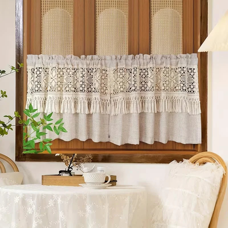 Crochet Lace Tier Curtain with Tassels | Farmhouse Kitchen Valance | CD1043