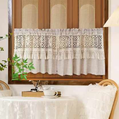 Crochet Lace Tier Curtain with Tassels | Farmhouse Kitchen Valance | CD1043