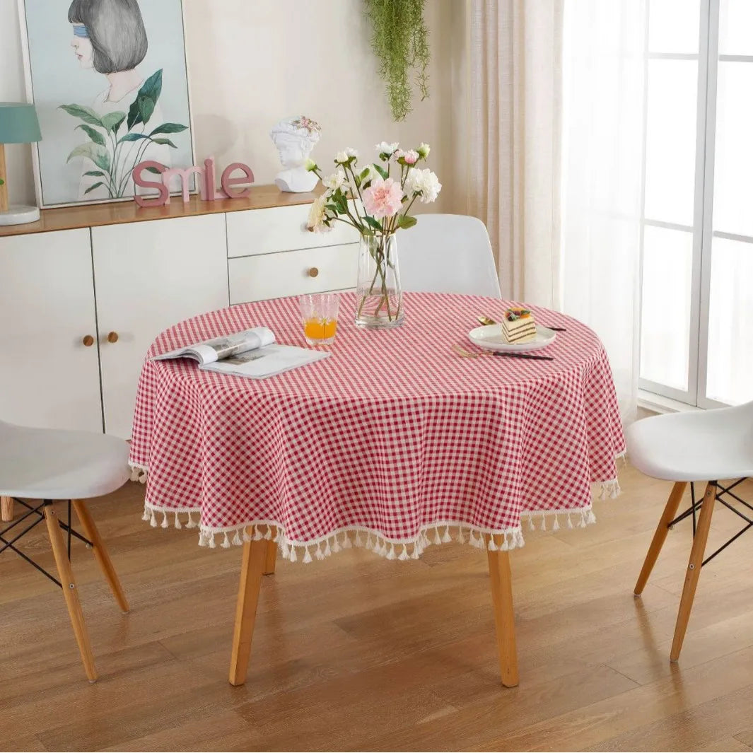 Vintage Floral Cotton Linen Round Tablecloth with Tassels – Washable Rustic Farmhouse Table Cover | CT1002