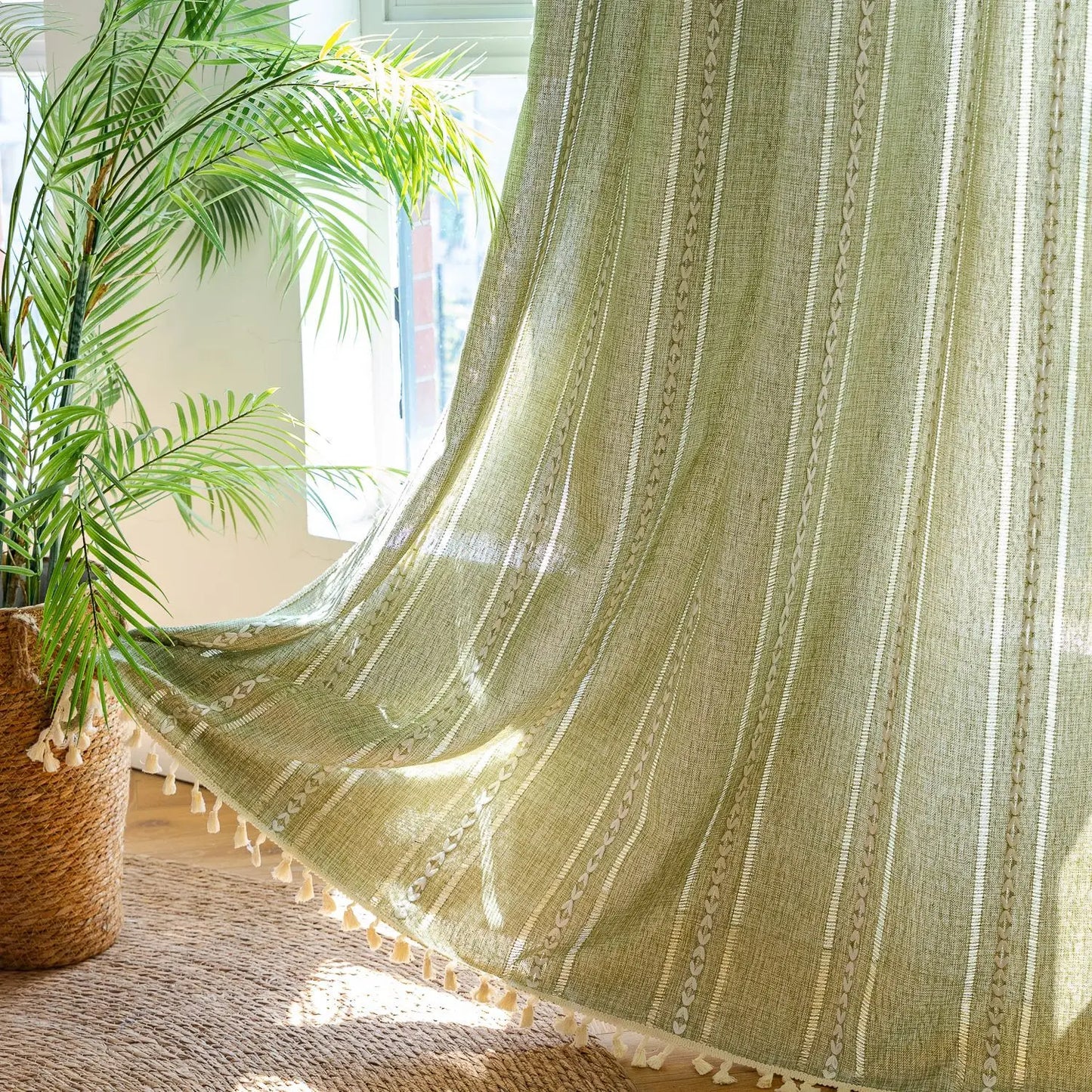 Cream Boho Tassel Window Curtain | 1-Panel Linen-Look Hollow Crochet Drape for Modern Farmhouse & Japandi Living Spaces | CD1021