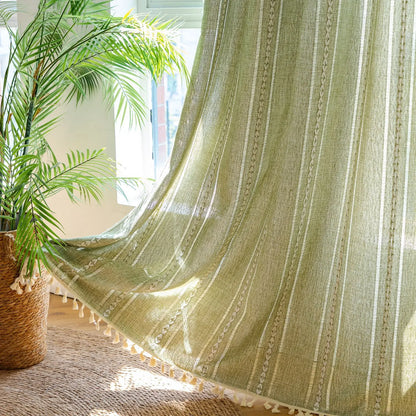 Cream Boho Tassel Window Curtain | 1-Panel Linen-Look Hollow Crochet Drape for Modern Farmhouse & Japandi Living Spaces | CD1021