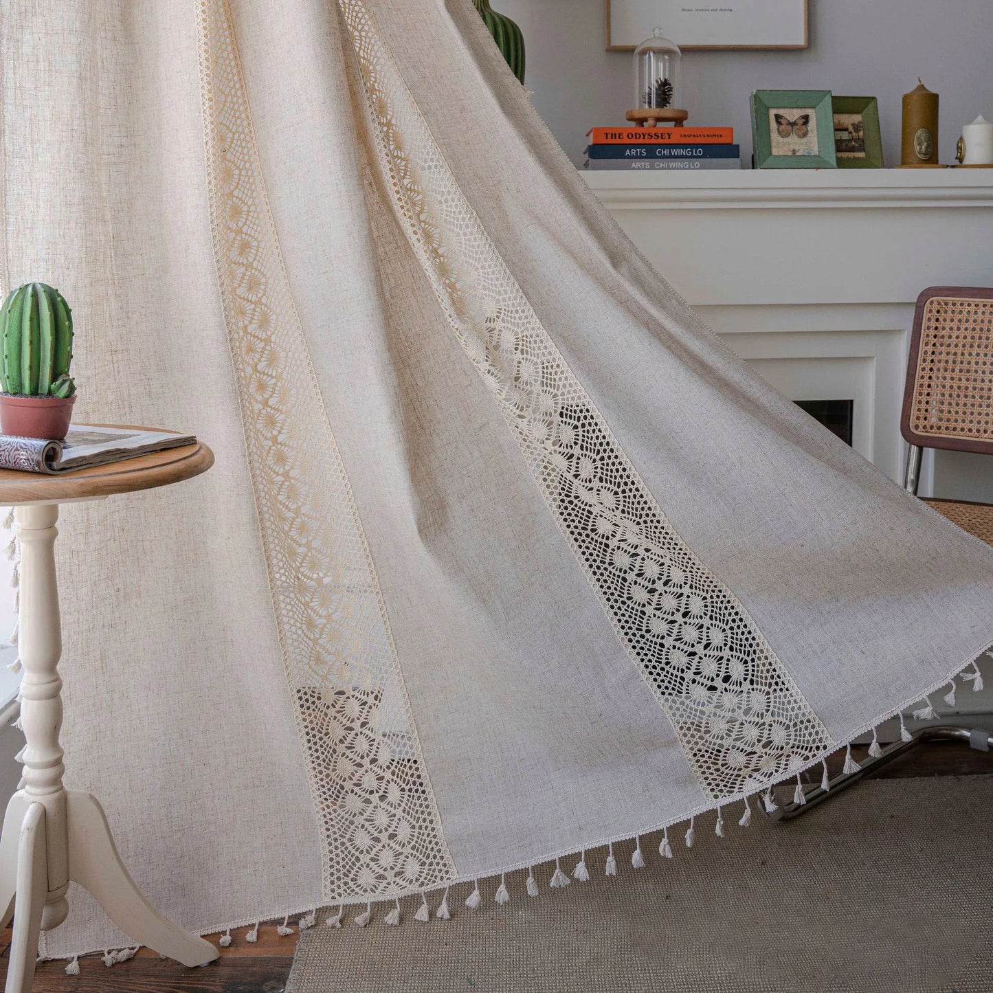 Cream Boho Tassel Window Curtain | 1-Panel Linen-Look Hollow Crochet Drape for Modern Farmhouse & Japandi Living Spaces | CD1021