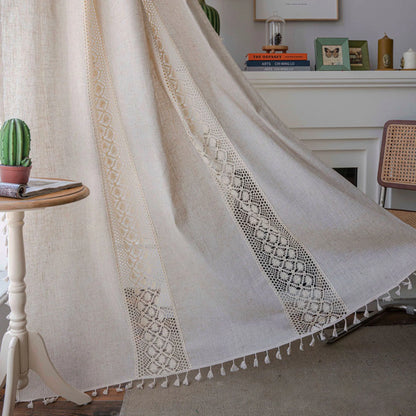 Cream Boho Tassel Window Curtain | 1-Panel Linen-Look Hollow Crochet Drape for Modern Farmhouse & Japandi Living Spaces | CD1021