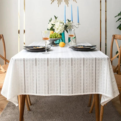 Luxury French Floral Embroidered White Cotton Tablecloth – Handmade Lace Rectangular Cover for Weddings & Dining |