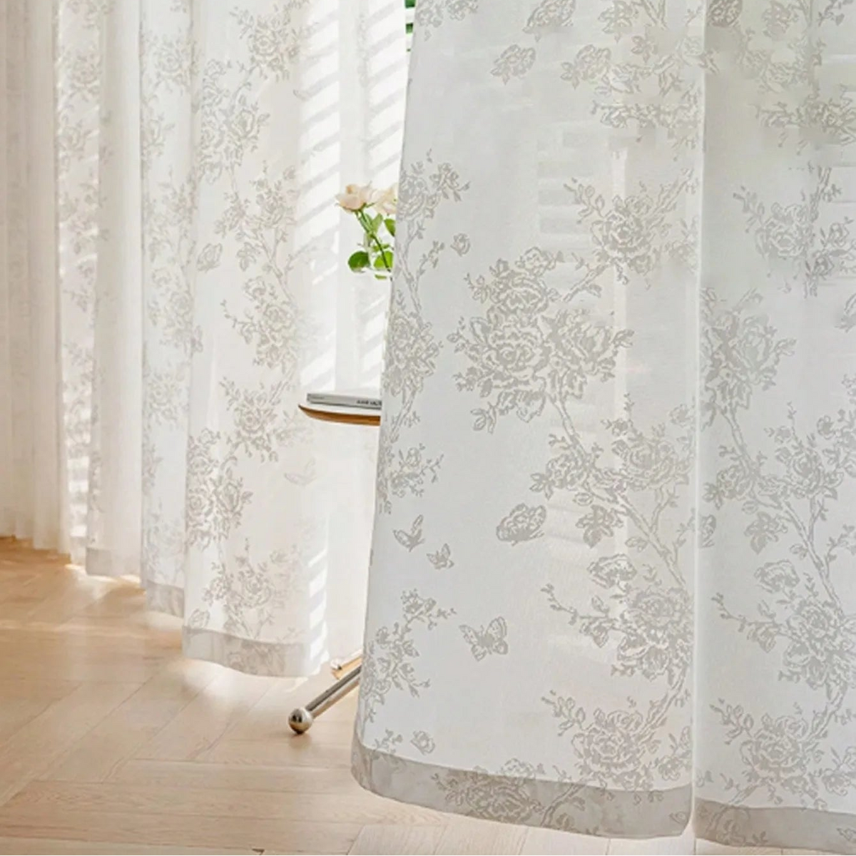 French Romantic Rose Butterfly Flower Semi Sheer Curtains | CD1032