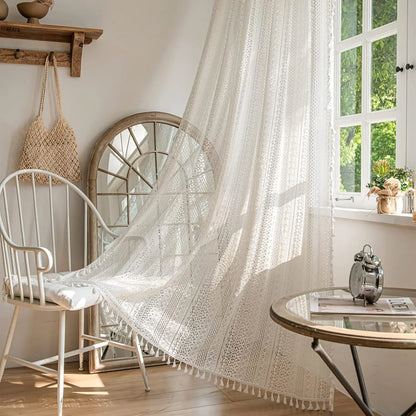 Boho Curtain Crochet Lace Semi-Sheer Hollow Out Knitted Tassels Curtain | CD1033