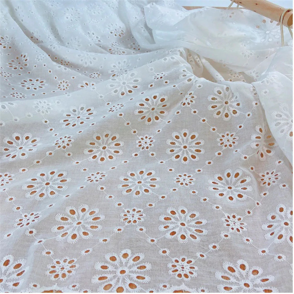Premium White Floral Embroidery Cotton Fabric, CL1010
