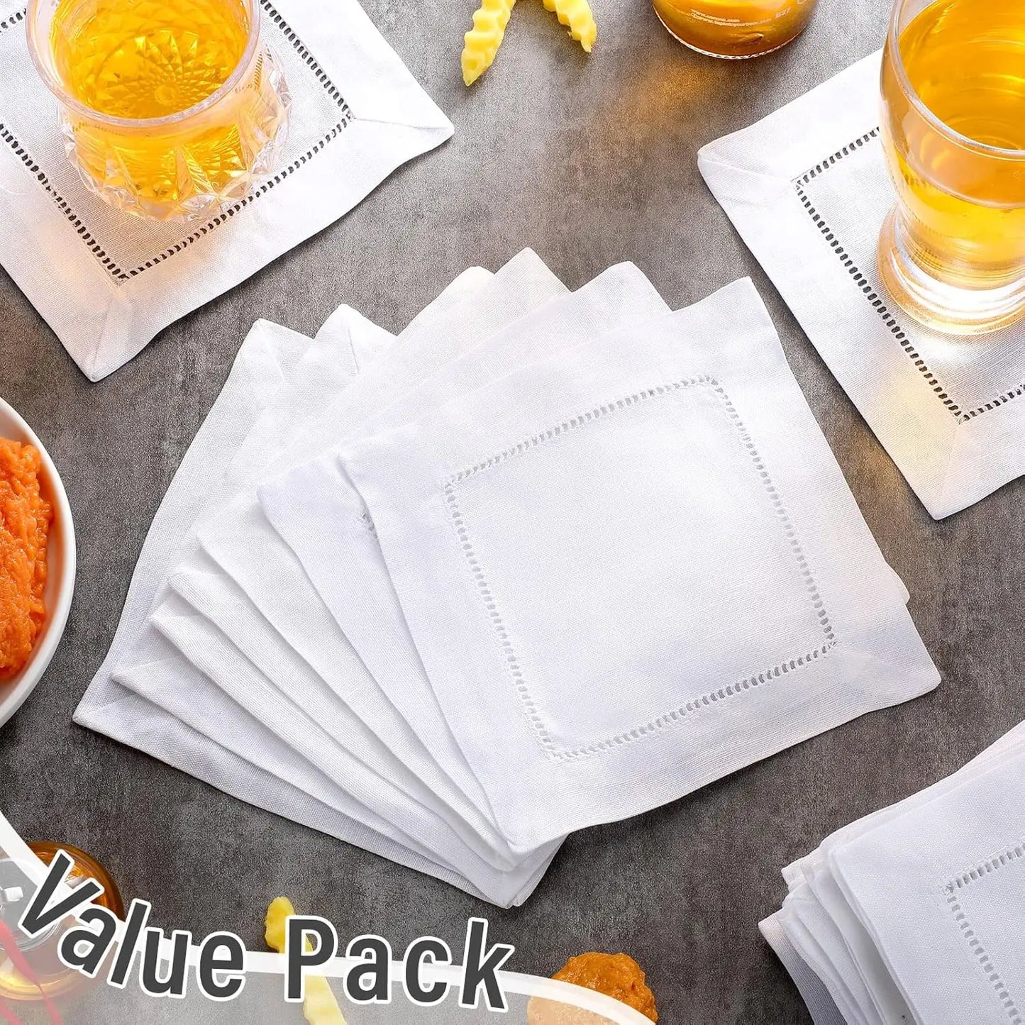 24-Piece Hemstitch Linen Blend Cocktail Napkins | 6x6 Classic White Square Cloths for Weddings, Bar Cart & Minimalist Dining