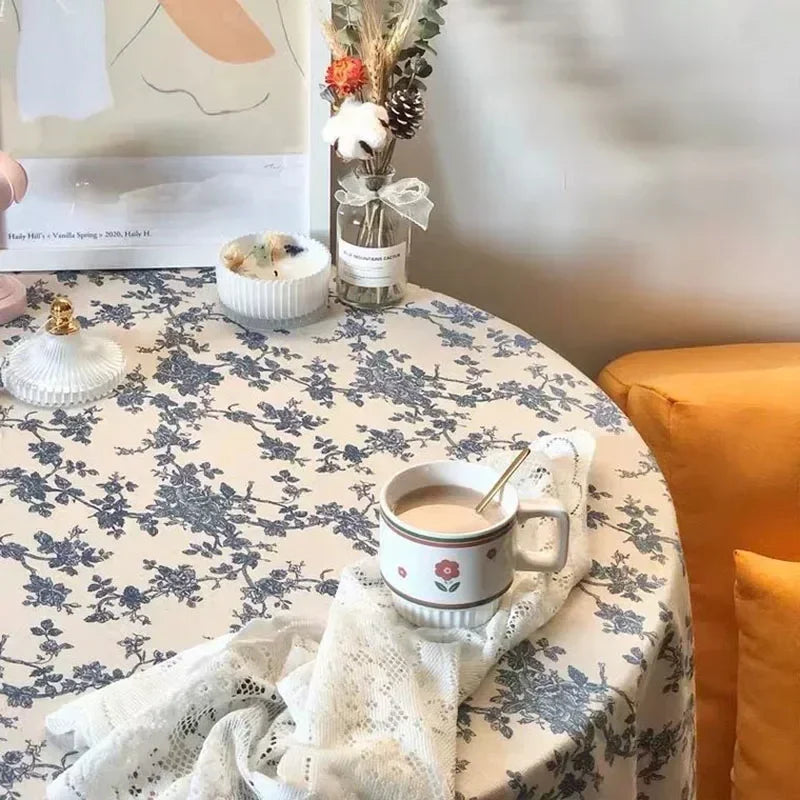 Vintage Floral Cotton Linen Round Tablecloth with Tassels – Washable Rustic Farmhouse Table Cover | CT1002