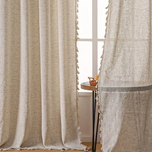 Classic Linen-Blend Rod Pocket Curtain Panels with Tassel Fringe Trim | CD1012