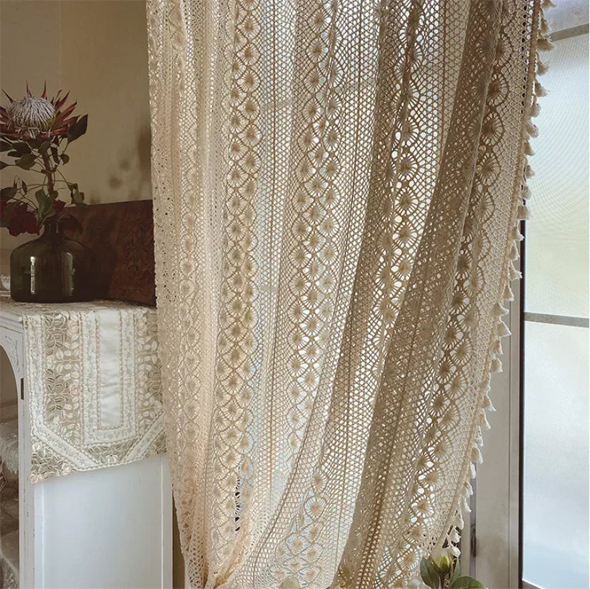 100% Cotton Vintage Boho Crochet Lace Curtain Panel | CD1027