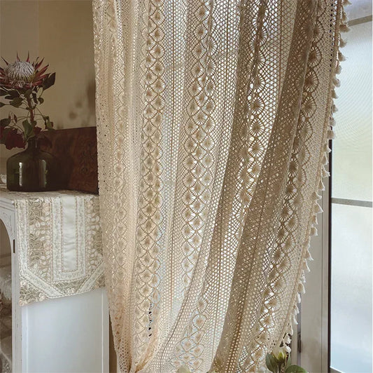 Vintage Boho Crochet Lace Curtain Panel – 100% Cotton Light Filtering Hollow Out Farmhouse Drape for Living Room & Bedroom | CD1027
