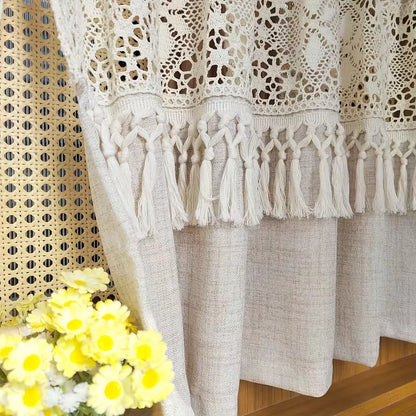 Crochet Lace Tier Curtain with Tassels | Farmhouse Kitchen Valance | CD1043