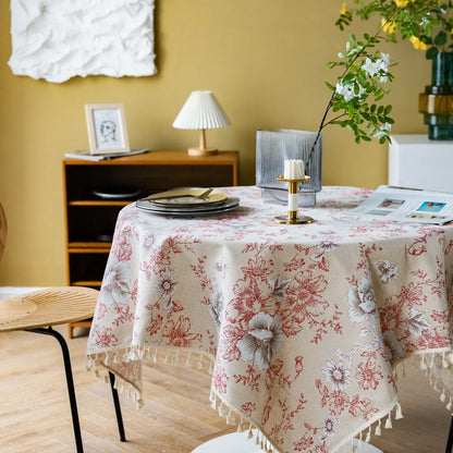 Vintage Floral Cotton Linen Round Tablecloth with Tassels – Washable Rustic Farmhouse Table Cover | CT1002