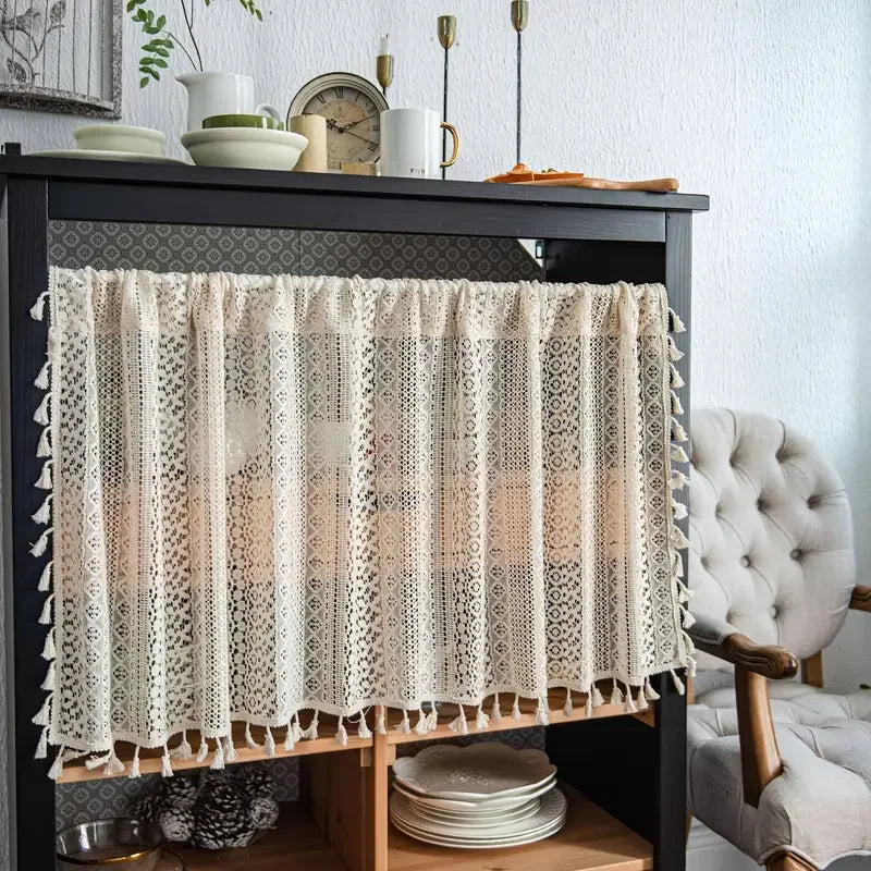 Beige Lace Tassel Cafe Curtain | Circular Pattern Short Valance for Kitchen & Living Room | CD1022
