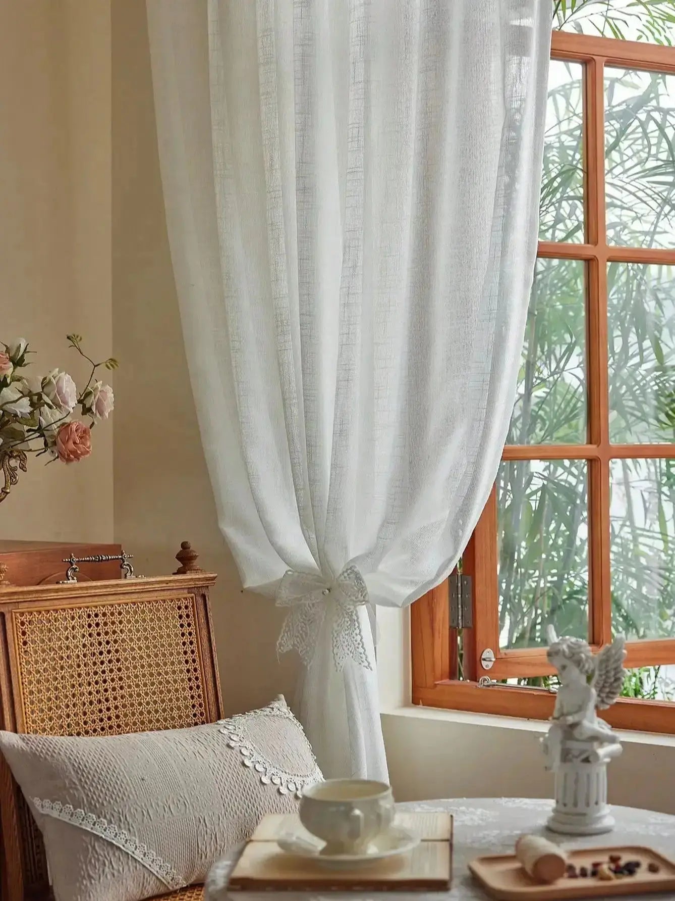 American Pastoral Tie-Top Sheer Curtains – Natural Linen-Textured Translucent Drapes | CD1018